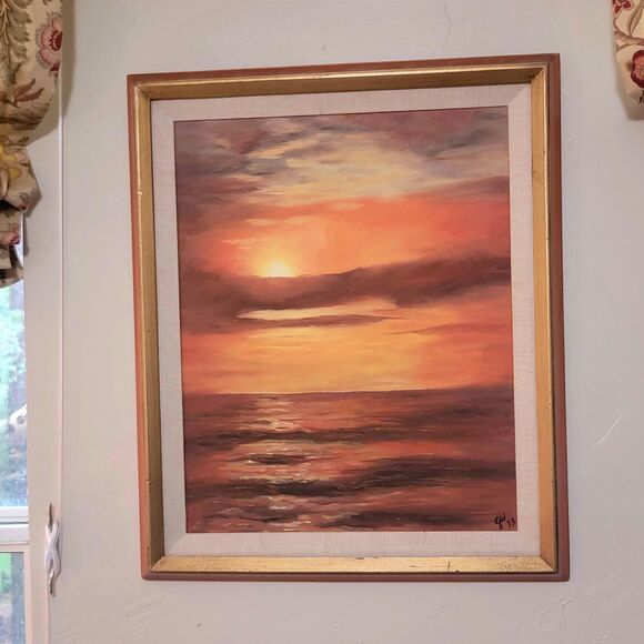 VTG 1973 Ocean Sunset Sea Landscape Oil Painting Frame 21 1/2" x 24 1/2" Red Sky - Picture 13 of 16